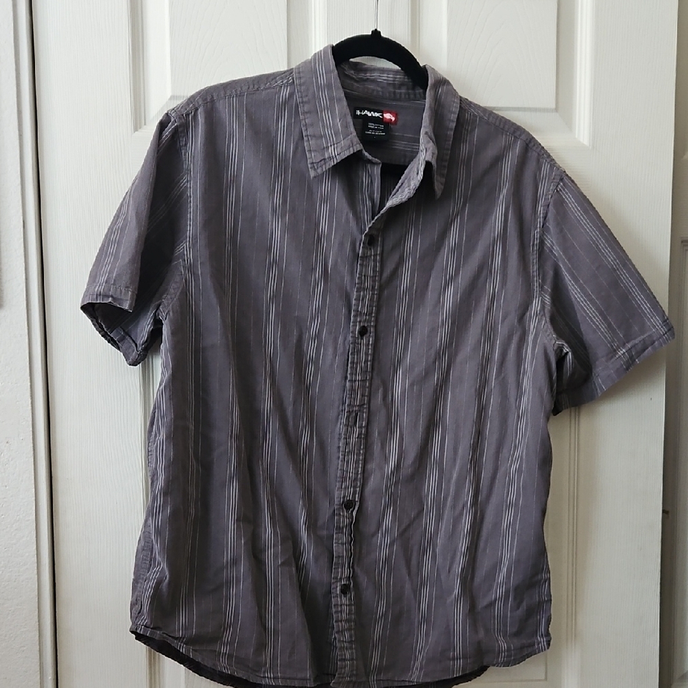 Tony Hawk,Grey Striped Short Sleeve Button Down Shirt,Large
